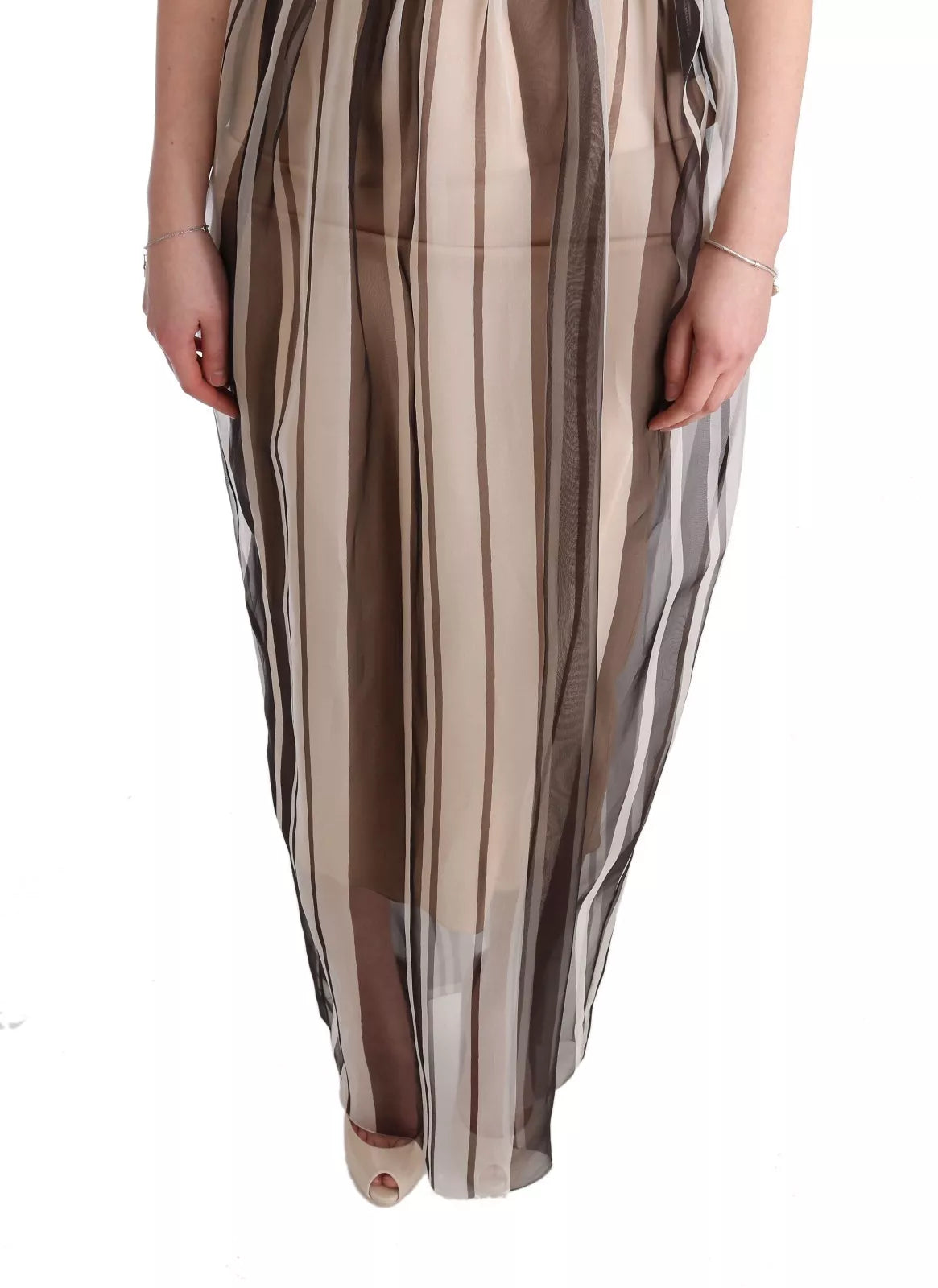 Robe fourreau en soie rayée beige et marron Dolce & Gabbana