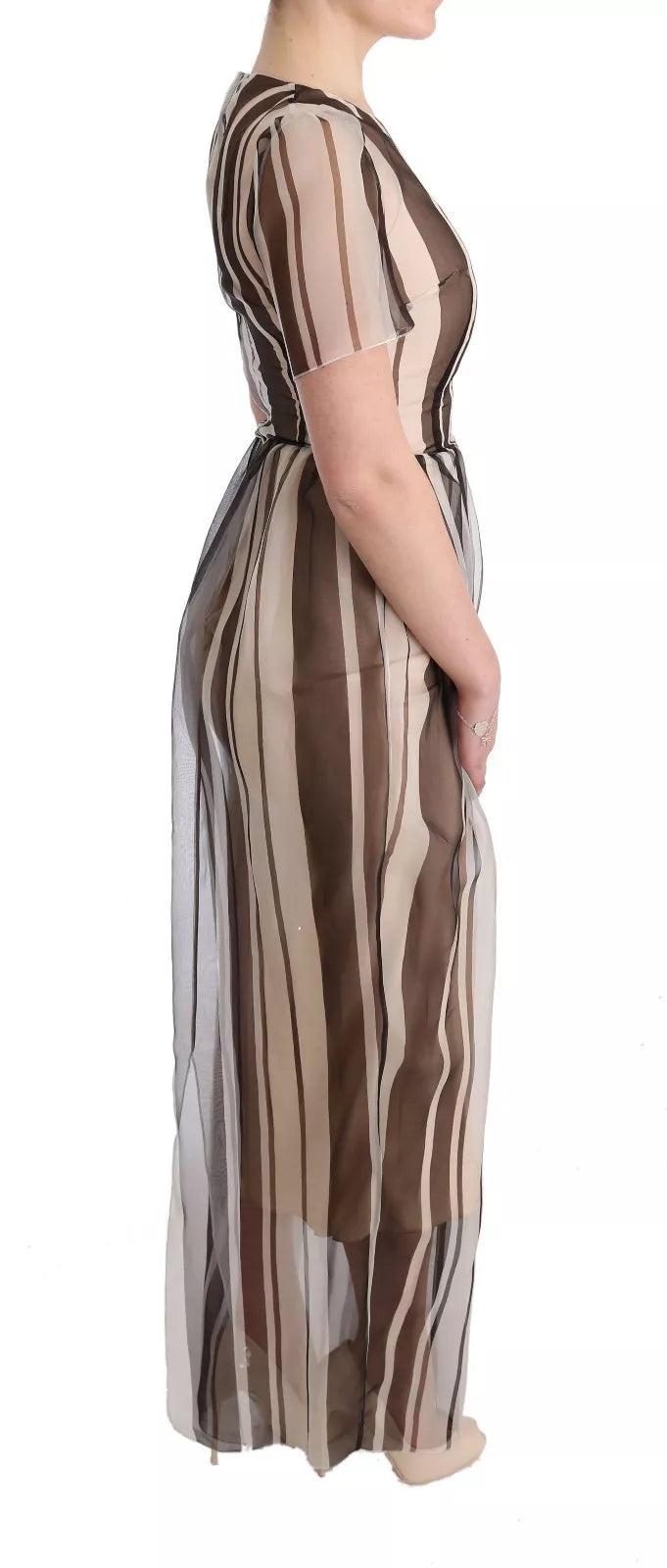Robe fourreau en soie rayée beige et marron Dolce & Gabbana