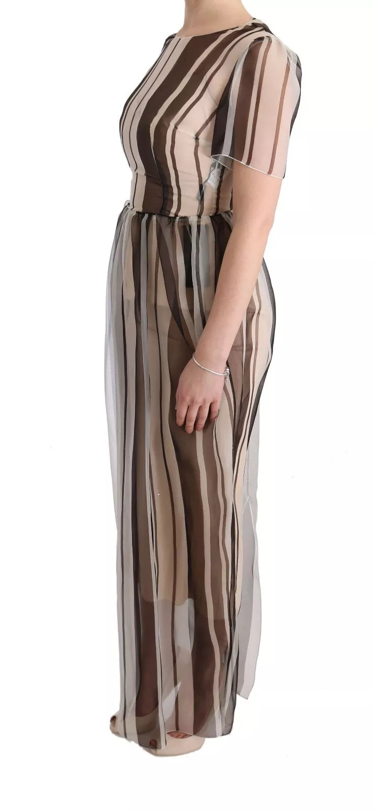 Robe fourreau en soie rayée beige et marron Dolce & Gabbana