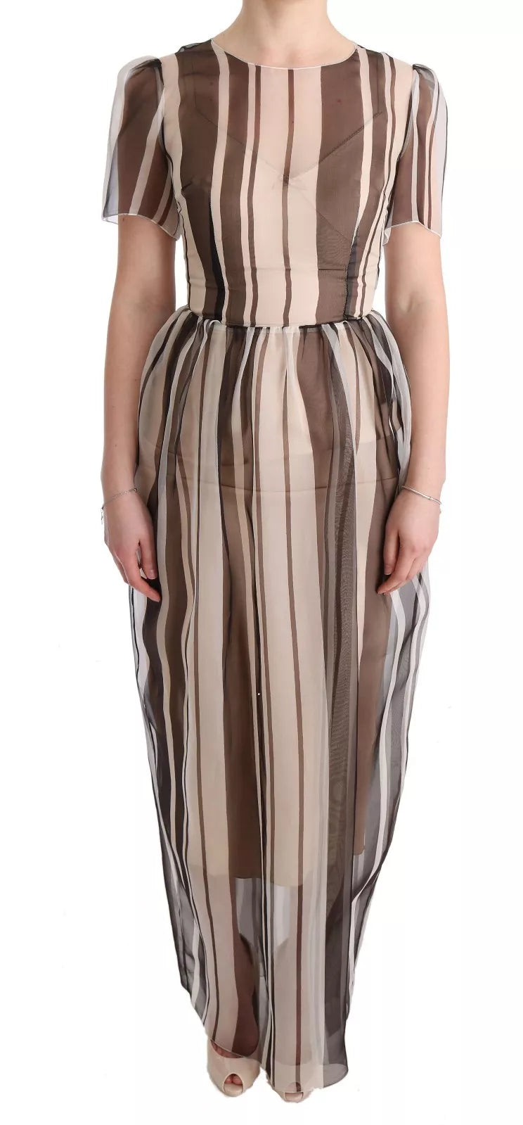 Robe fourreau en soie rayée beige et marron Dolce & Gabbana