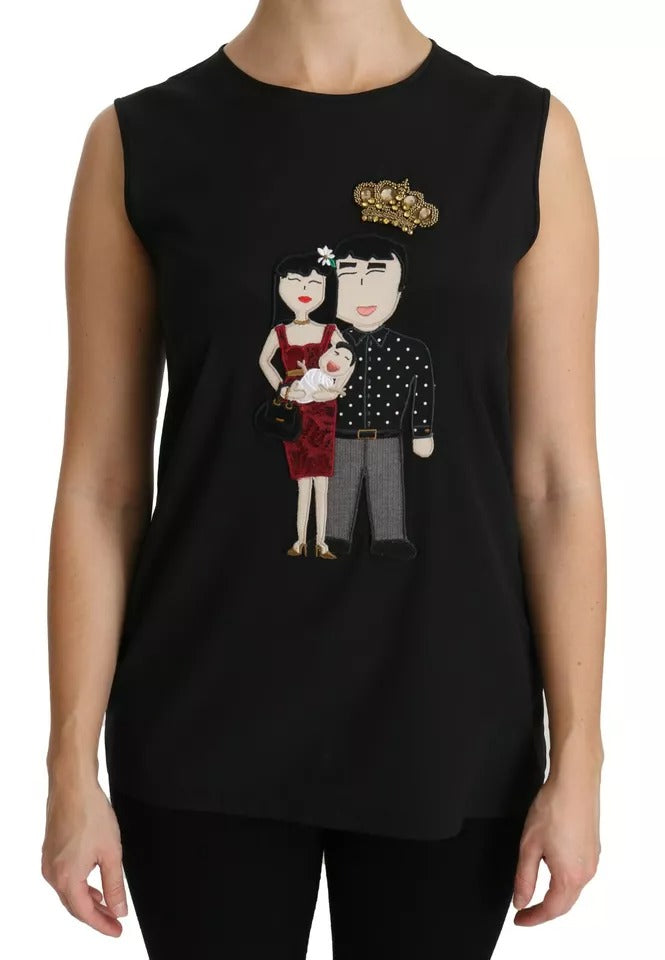 Top sans manches en soie noire avec cristaux DG Family Dolce & Gabbana
