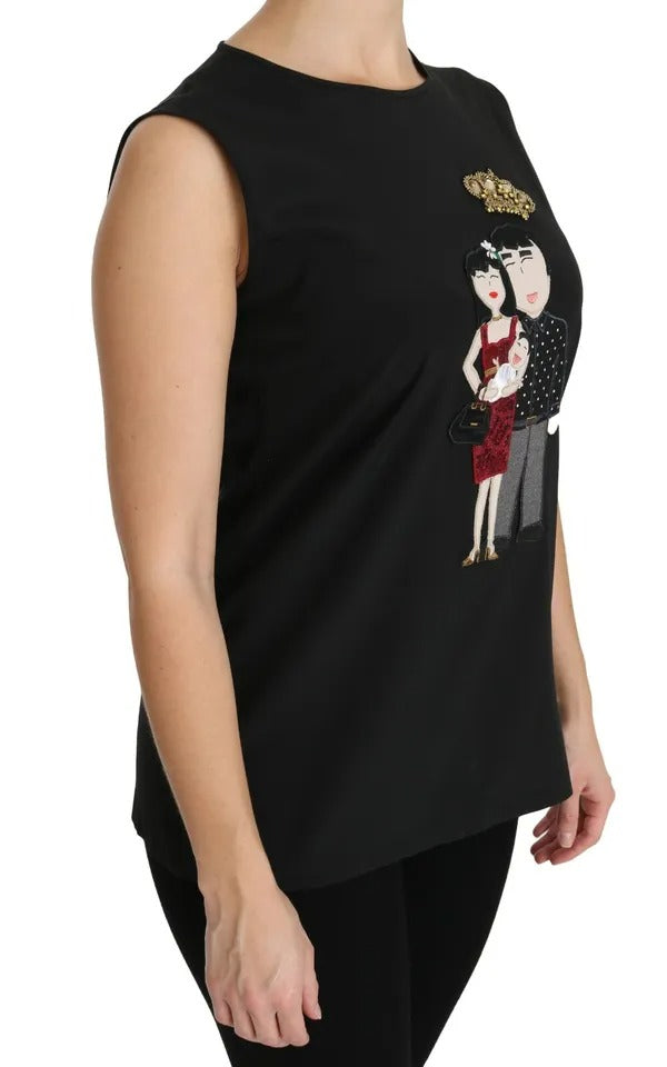 Top sans manches en soie noire avec cristaux DG Family Dolce & Gabbana