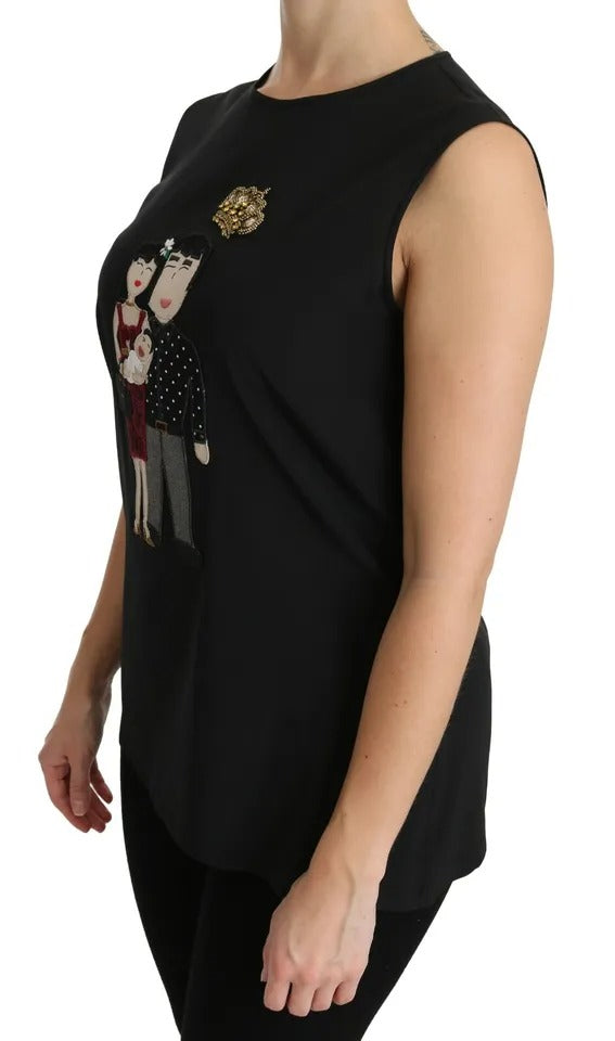 Top sans manches en soie noire avec cristaux DG Family Dolce & Gabbana