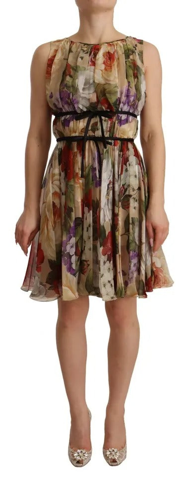 Mini-robe sans manches Dolce & Gabbana beige à imprimé floral et col rond