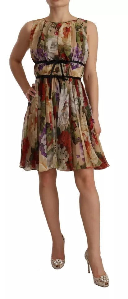 Mini-robe sans manches Dolce & Gabbana beige à imprimé floral et col rond
