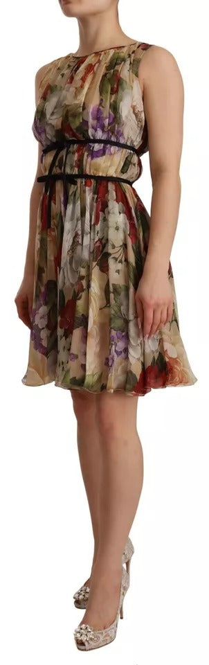 Mini-robe sans manches Dolce & Gabbana beige à imprimé floral et col rond