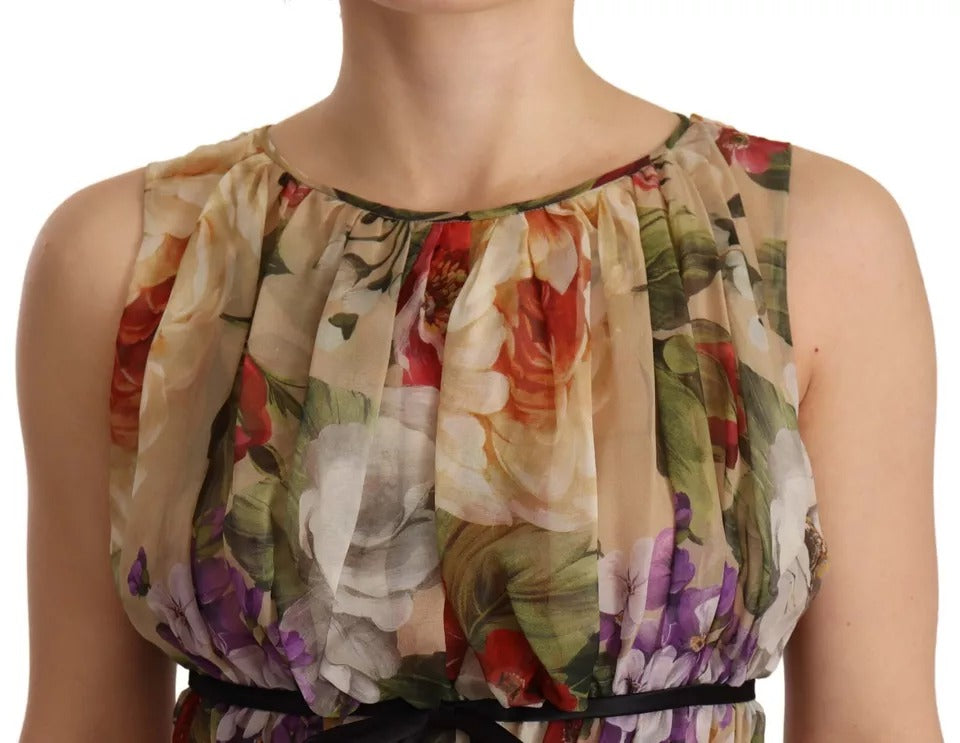 Mini-robe sans manches Dolce & Gabbana beige à imprimé floral et col rond