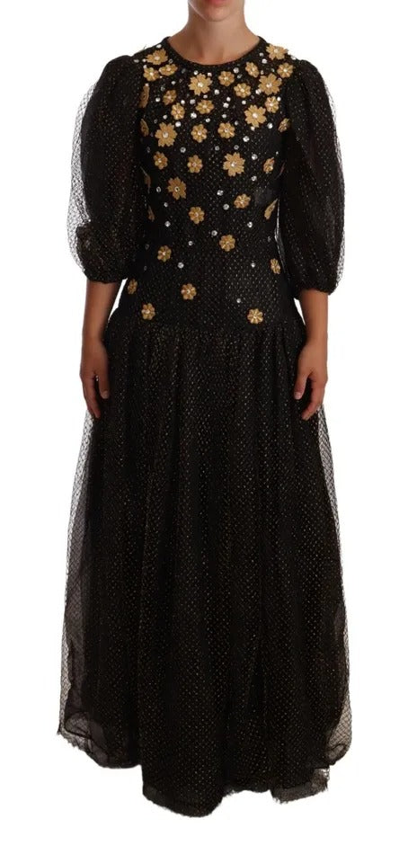 Robe longue de bal Dolce & Gabbana noire avec broderie florale en cristal