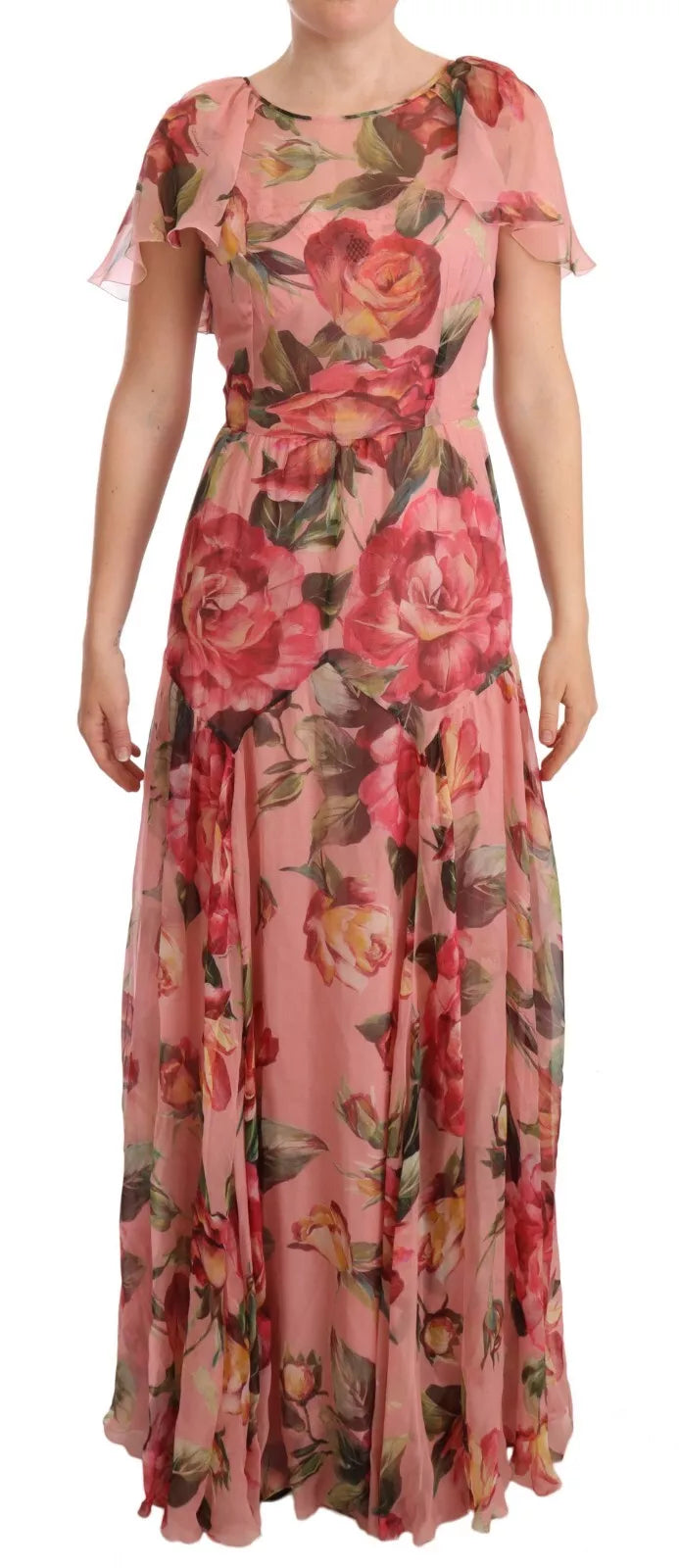 Robe longue superposée en soie rose imprimée de fleurs Dolce & Gabbana