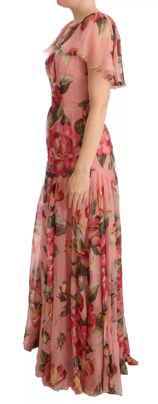 Robe longue superposée en soie rose imprimée de fleurs Dolce & Gabbana