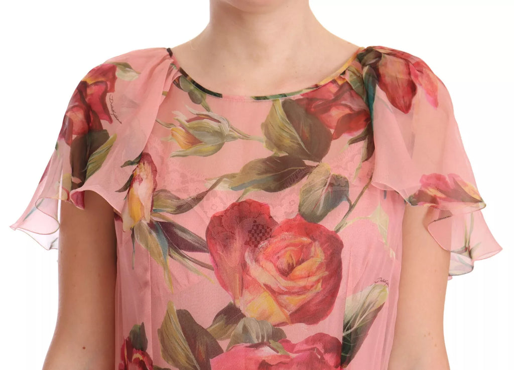 Robe longue superposée en soie rose imprimée de fleurs Dolce & Gabbana