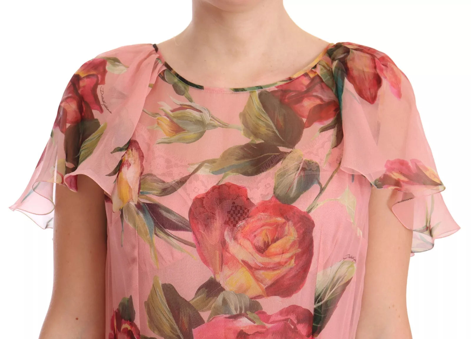 Robe longue superposée en soie rose imprimée de fleurs Dolce & Gabbana