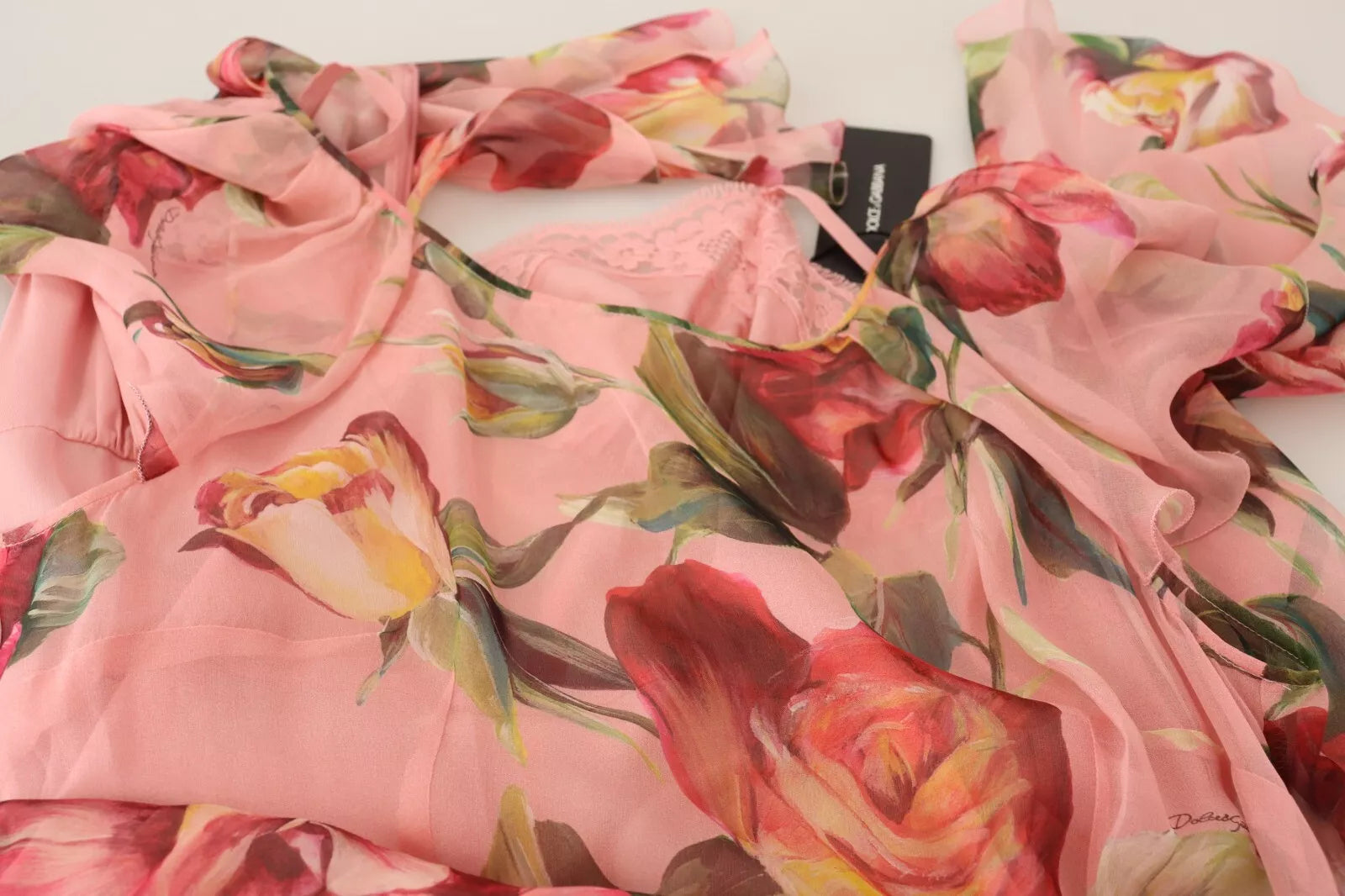 Robe longue superposée en soie rose imprimée de fleurs Dolce & Gabbana