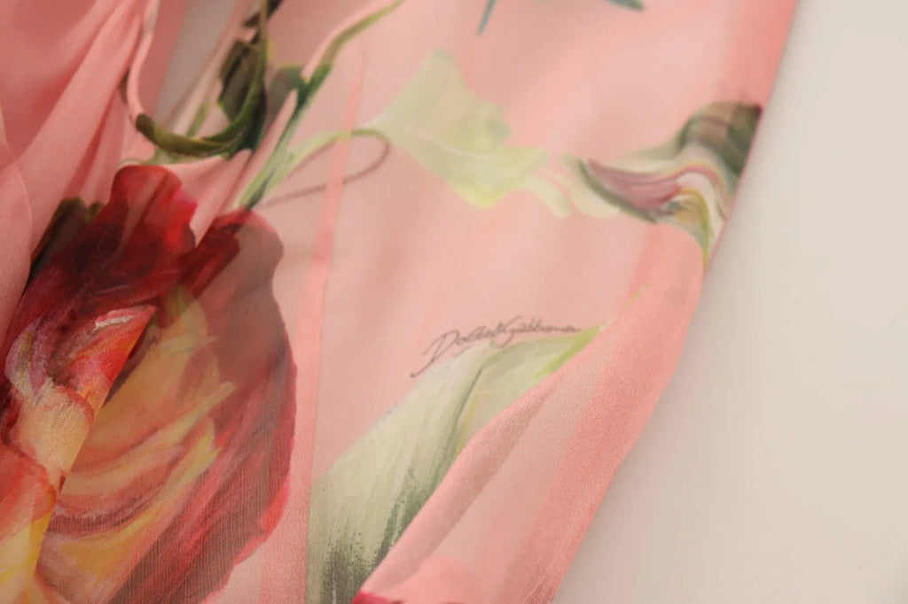 Robe longue superposée en soie rose imprimée de fleurs Dolce & Gabbana