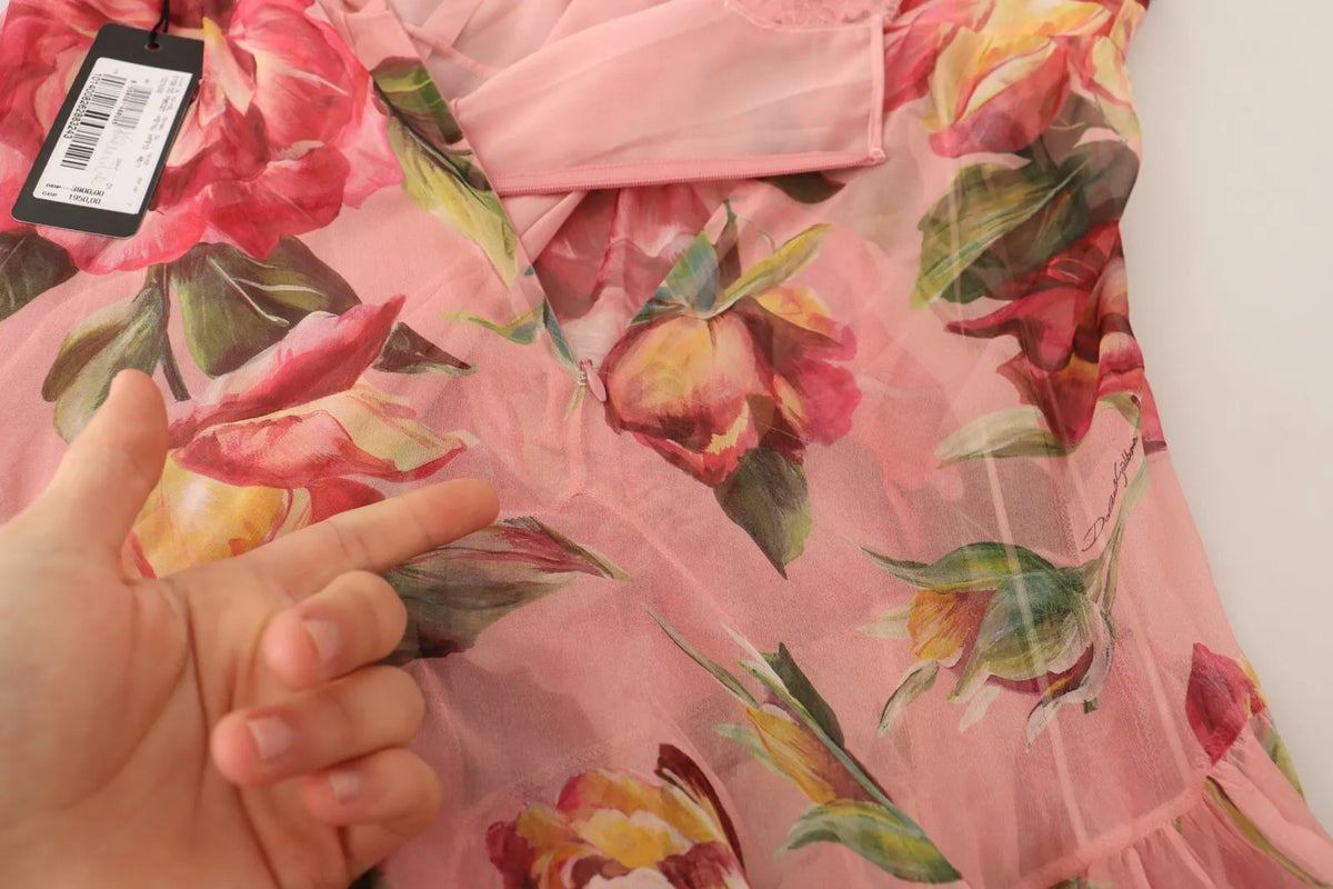 Robe longue superposée en soie rose imprimée de fleurs Dolce & Gabbana