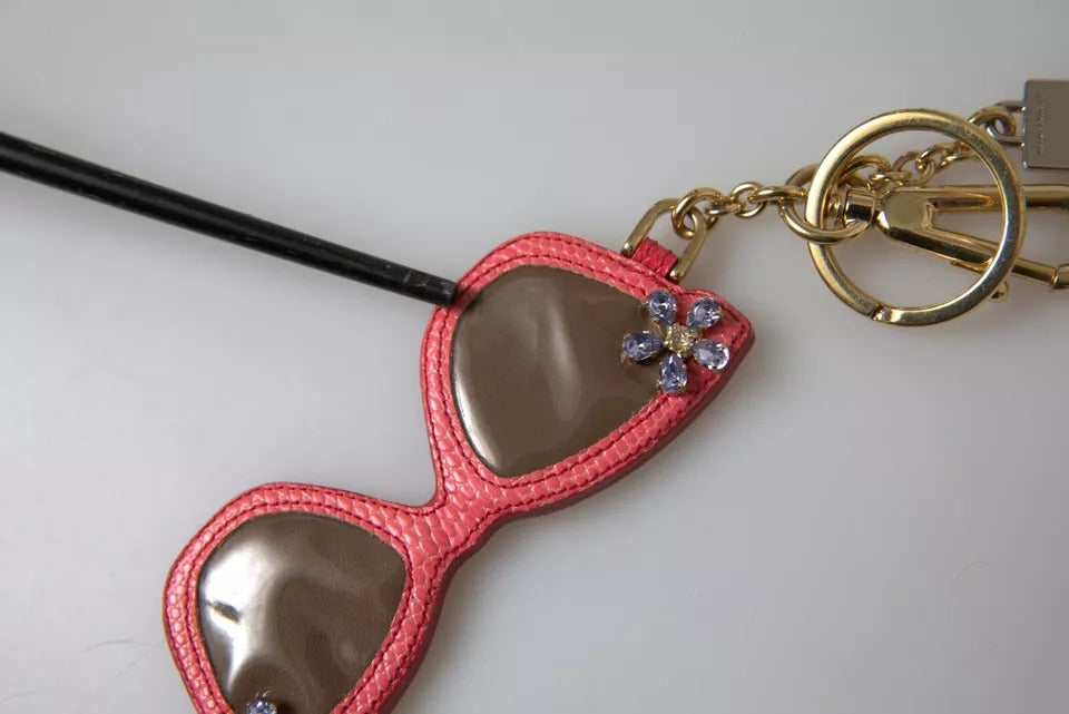 Dolce &amp; Gabbana Rote Leder-Sonnenbrille mit Kristallen Goldener Metall-Schlüsselanhänger