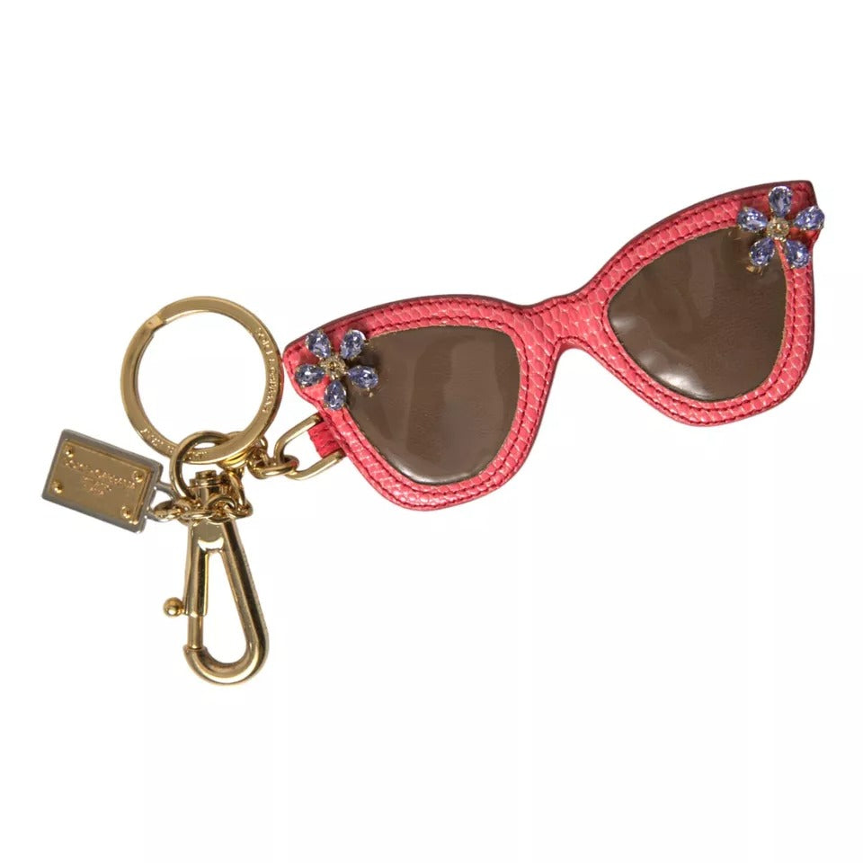 Dolce &amp; Gabbana Rote Leder-Sonnenbrille mit Kristallen Goldener Metall-Schlüsselanhänger