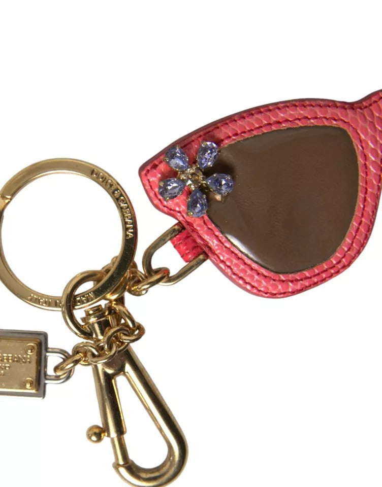 Dolce &amp; Gabbana Rote Leder-Sonnenbrille mit Kristallen Goldener Metall-Schlüsselanhänger