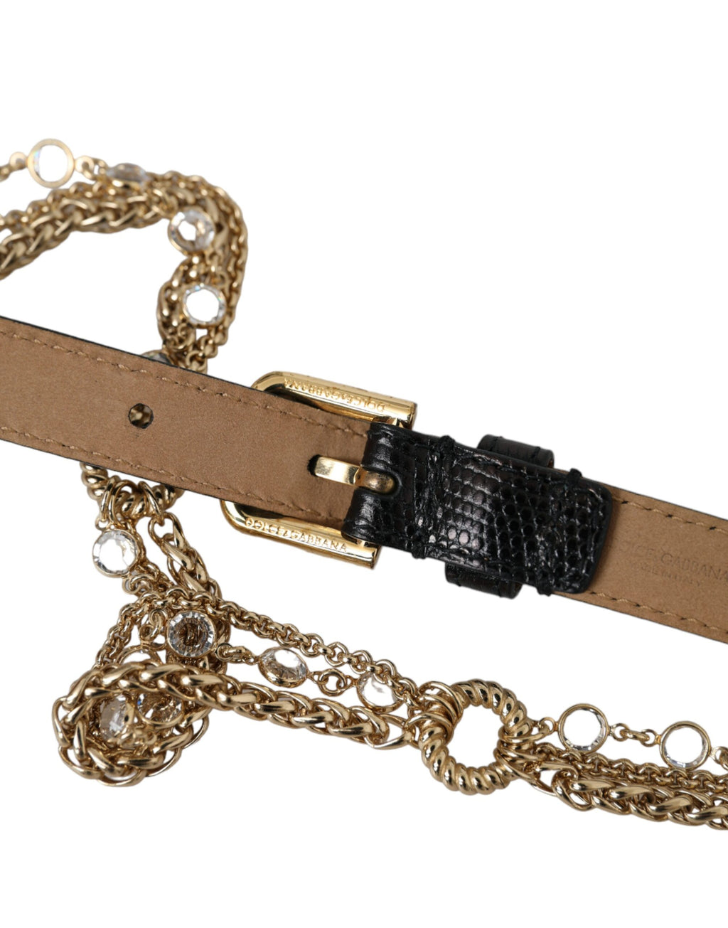 Ceinture Femme Dolce & Gabbana en Cuir Noir, Chaîne Dorée et Cristaux