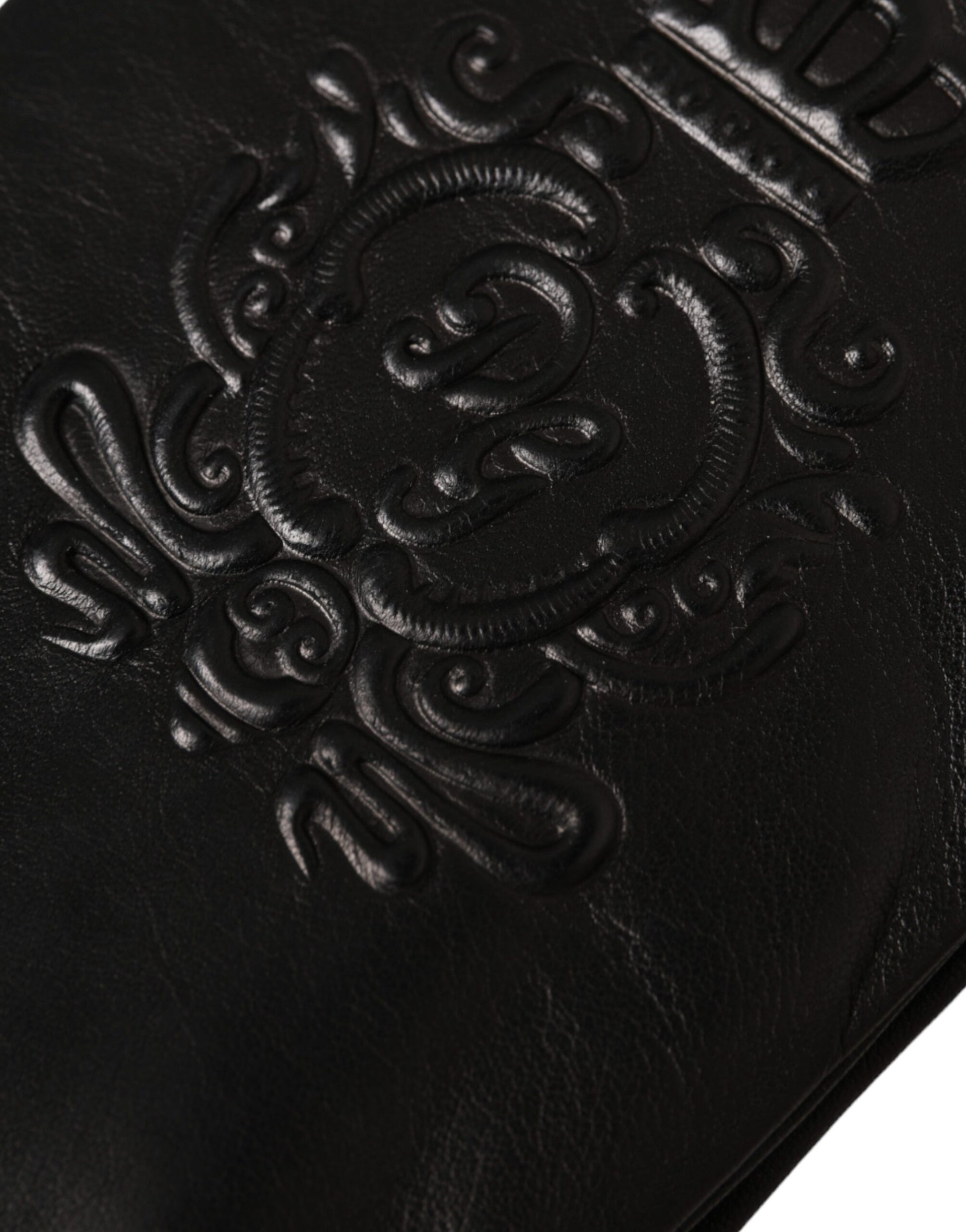 Dolce &amp; Gabbana – Kurze Handschuhe aus schwarzem Leder mit geprägtem Logo