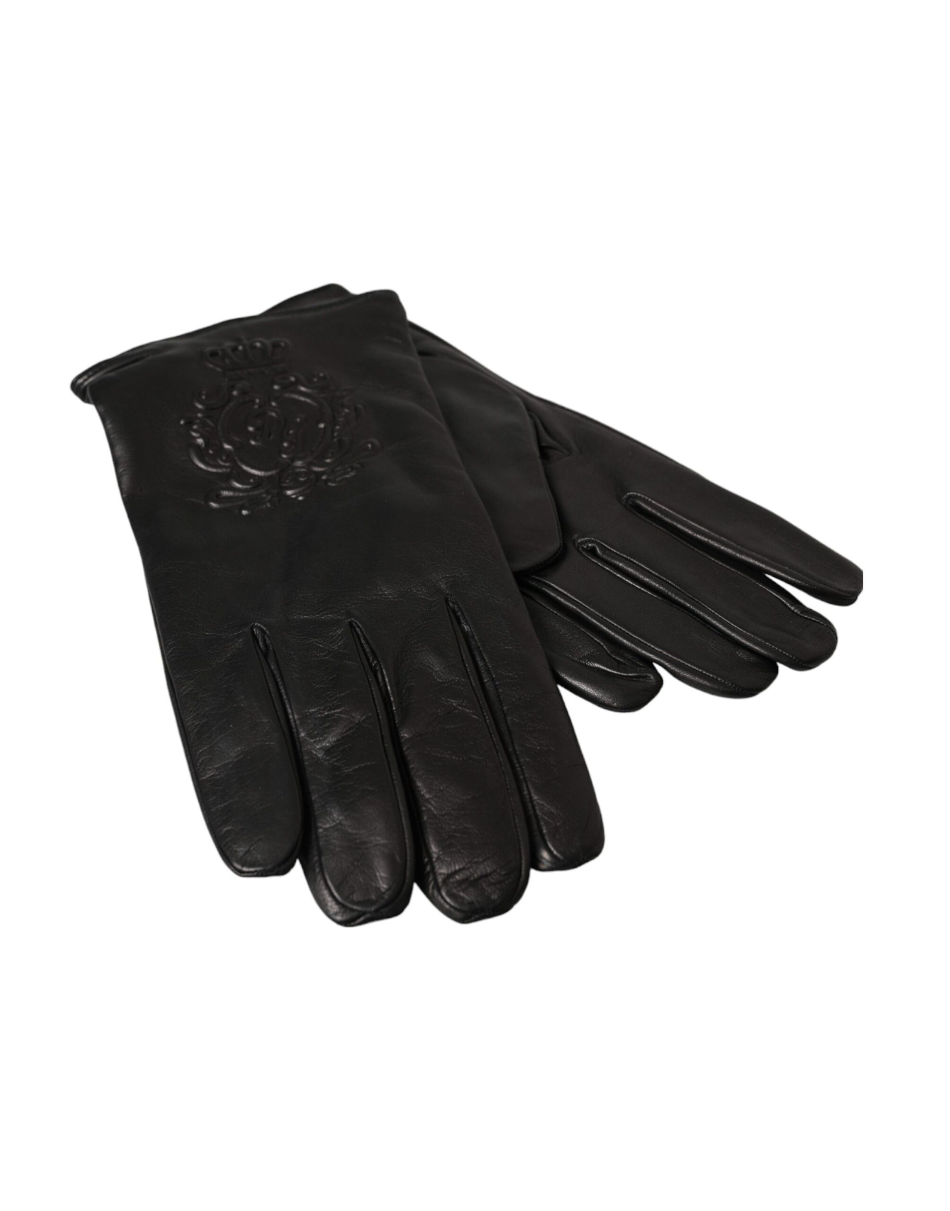 Dolce &amp; Gabbana – Kurze Handschuhe aus schwarzem Leder mit geprägtem Logo