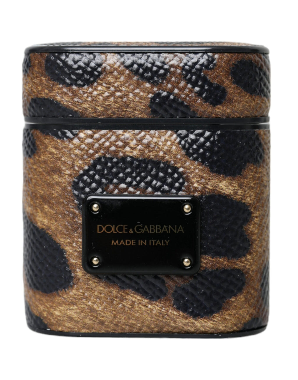 Étui AirPods Dolce & Gabbana en Cuir de Veau Léopard Marron avec Plaque Logo en Métal