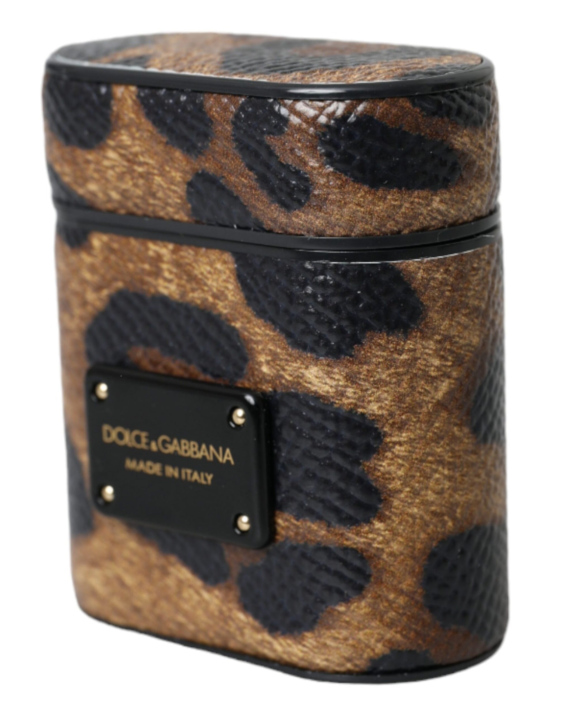 Étui AirPods Dolce & Gabbana en Cuir de Veau Léopard Marron avec Plaque Logo en Métal