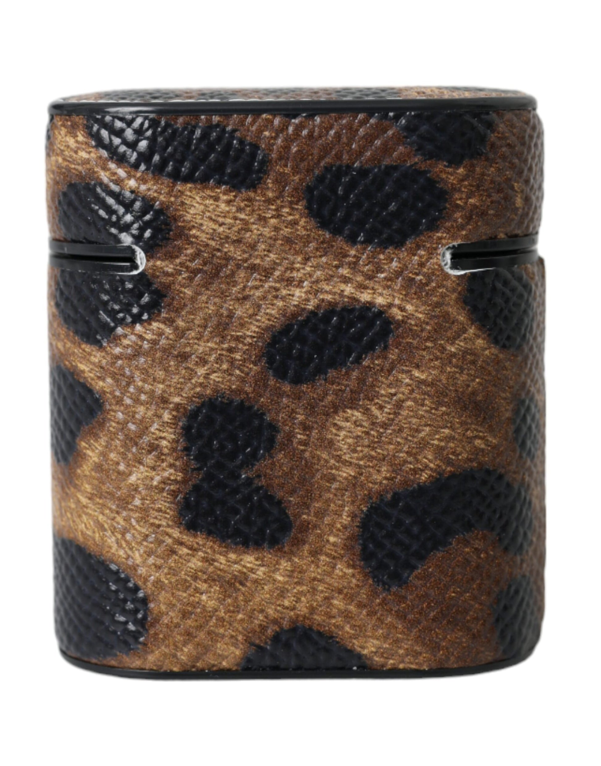 Étui AirPods Dolce & Gabbana en Cuir de Veau Léopard Marron avec Plaque Logo en Métal
