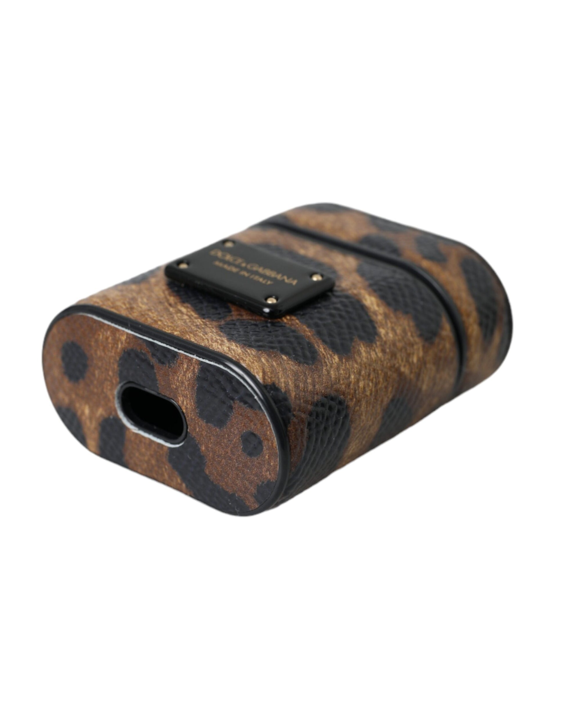 Étui AirPods Dolce & Gabbana en Cuir de Veau Léopard Marron avec Plaque Logo en Métal