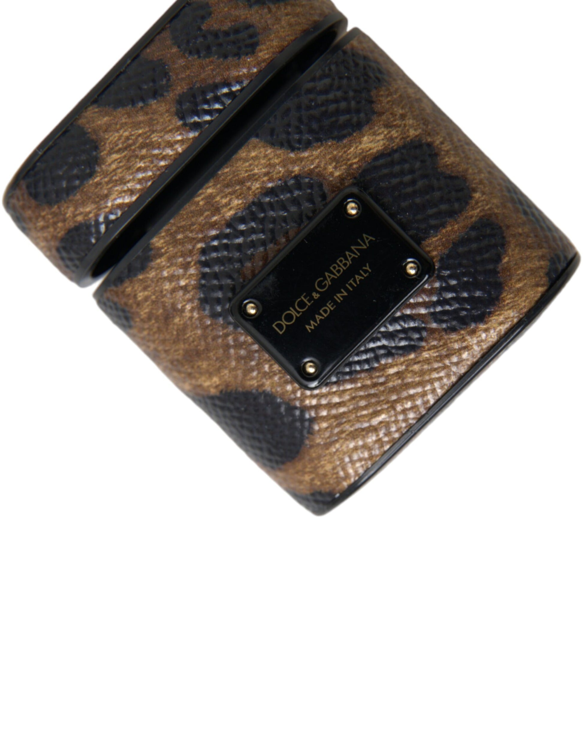 Étui AirPods Dolce & Gabbana en Cuir de Veau Léopard Marron avec Plaque Logo en Métal