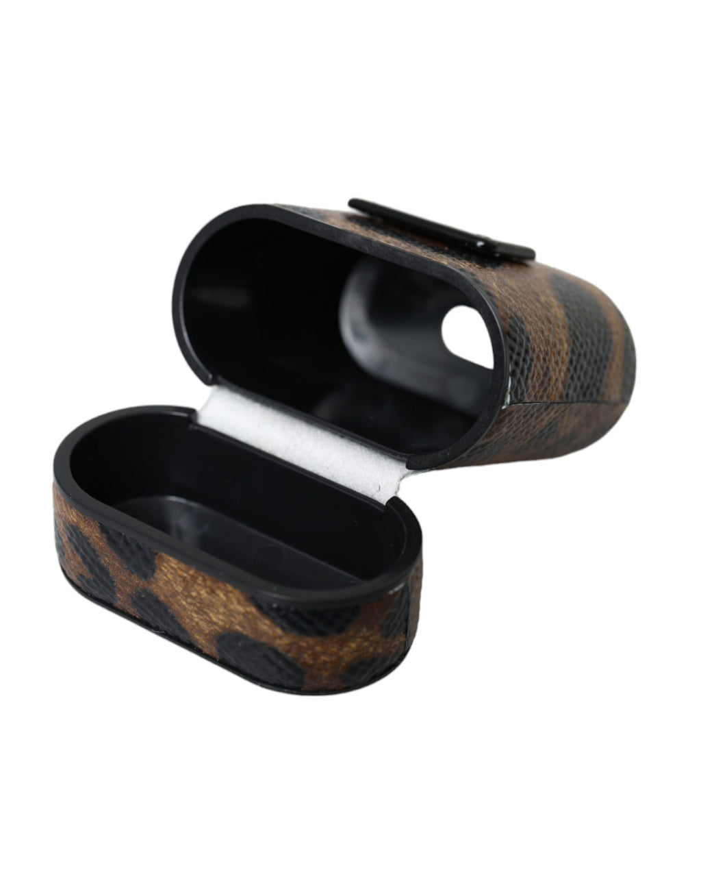 Étui AirPods Dolce & Gabbana en Cuir de Veau Léopard Marron avec Plaque Logo en Métal
