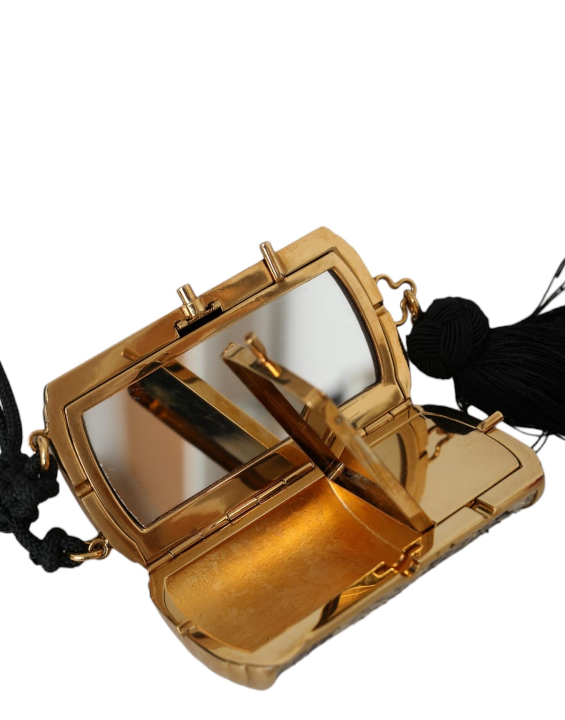 Mini sac à pampilles en cuir exotique beige Dolce & Gabbana avec miroir intégré