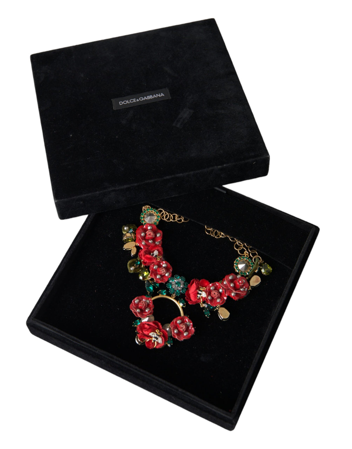Dolce & Gabbana Goldene Messing-Gliederkette mit Rosenblatt-Kristallanhänger