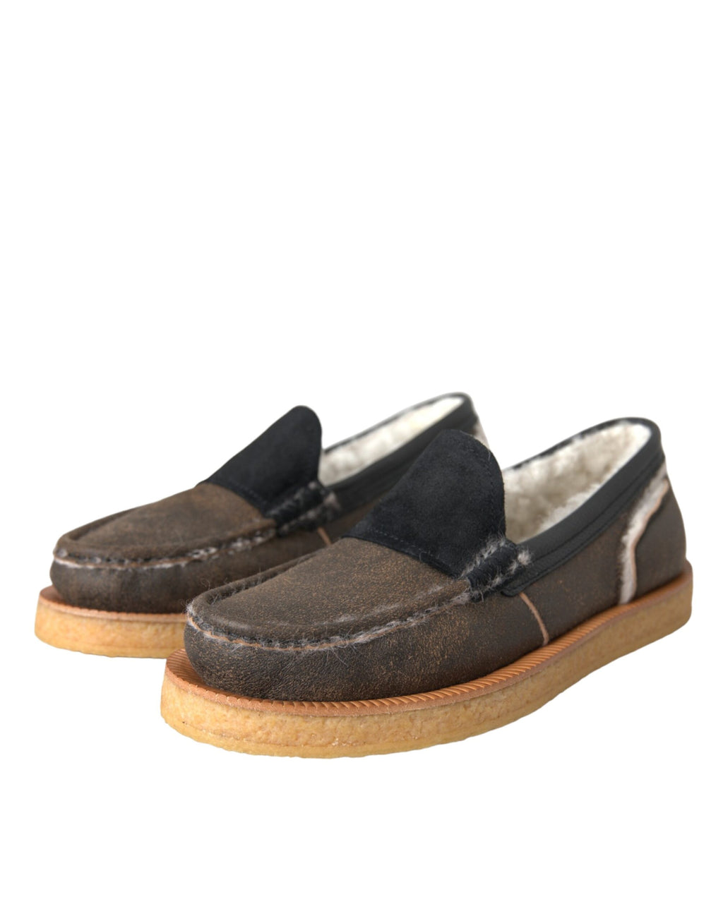 Mocassins pour homme en cuir et fourrure marron et noire Dolce & Gabbana