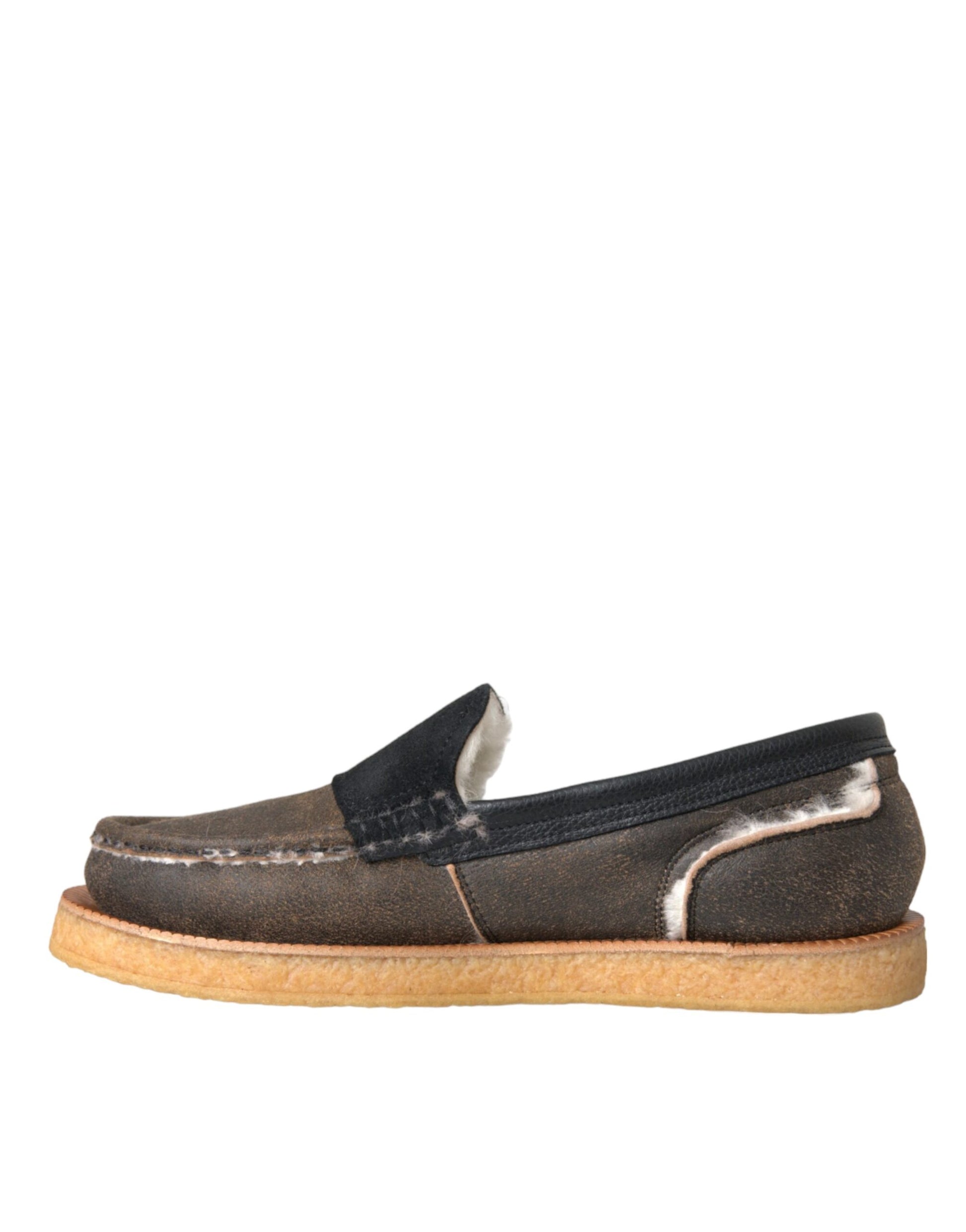 Mocassins pour homme en cuir et fourrure marron et noire Dolce & Gabbana