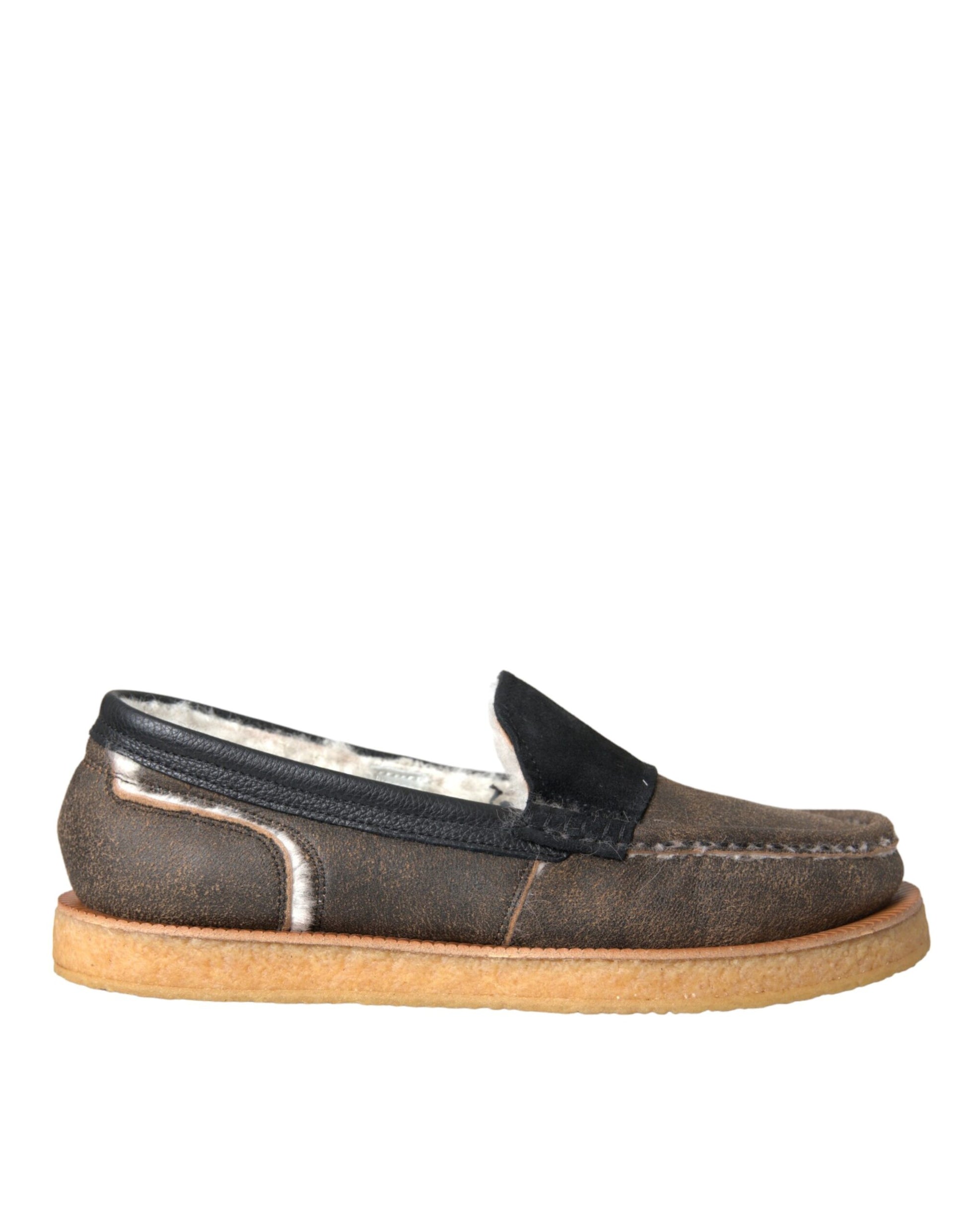 Mocassins pour homme en cuir et fourrure marron et noire Dolce & Gabbana
