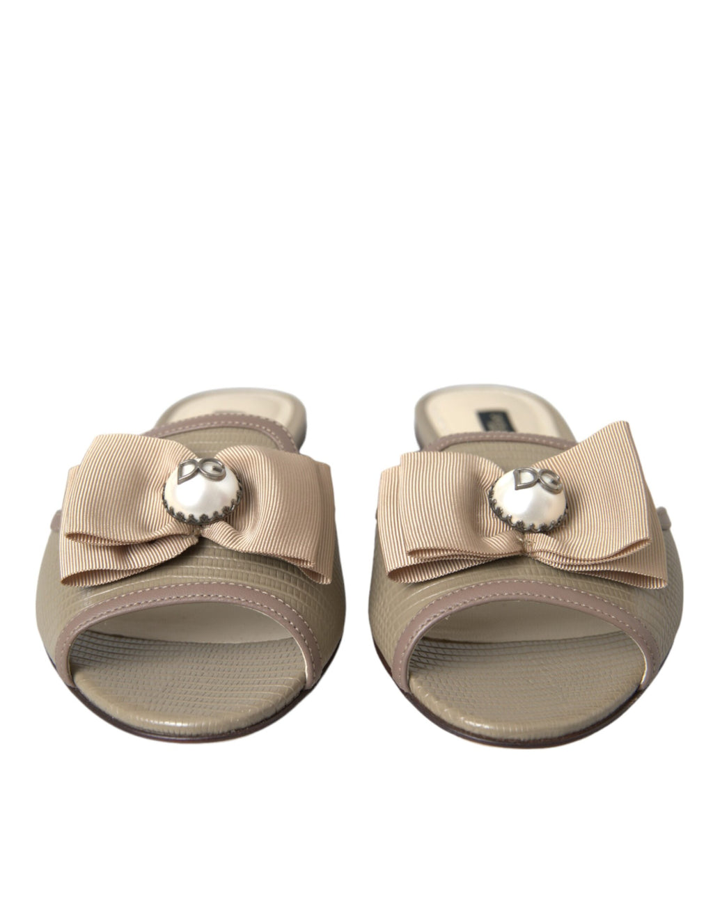 Dolce & Gabbana Sandales Plates Beige à Logo et Perles