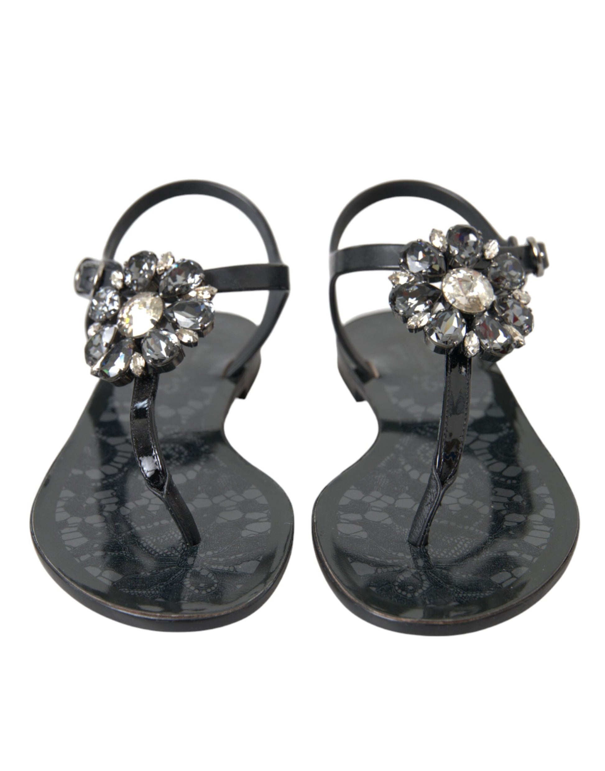 Dolce & Gabbana Sandales à talons plats noires ornées de cristaux