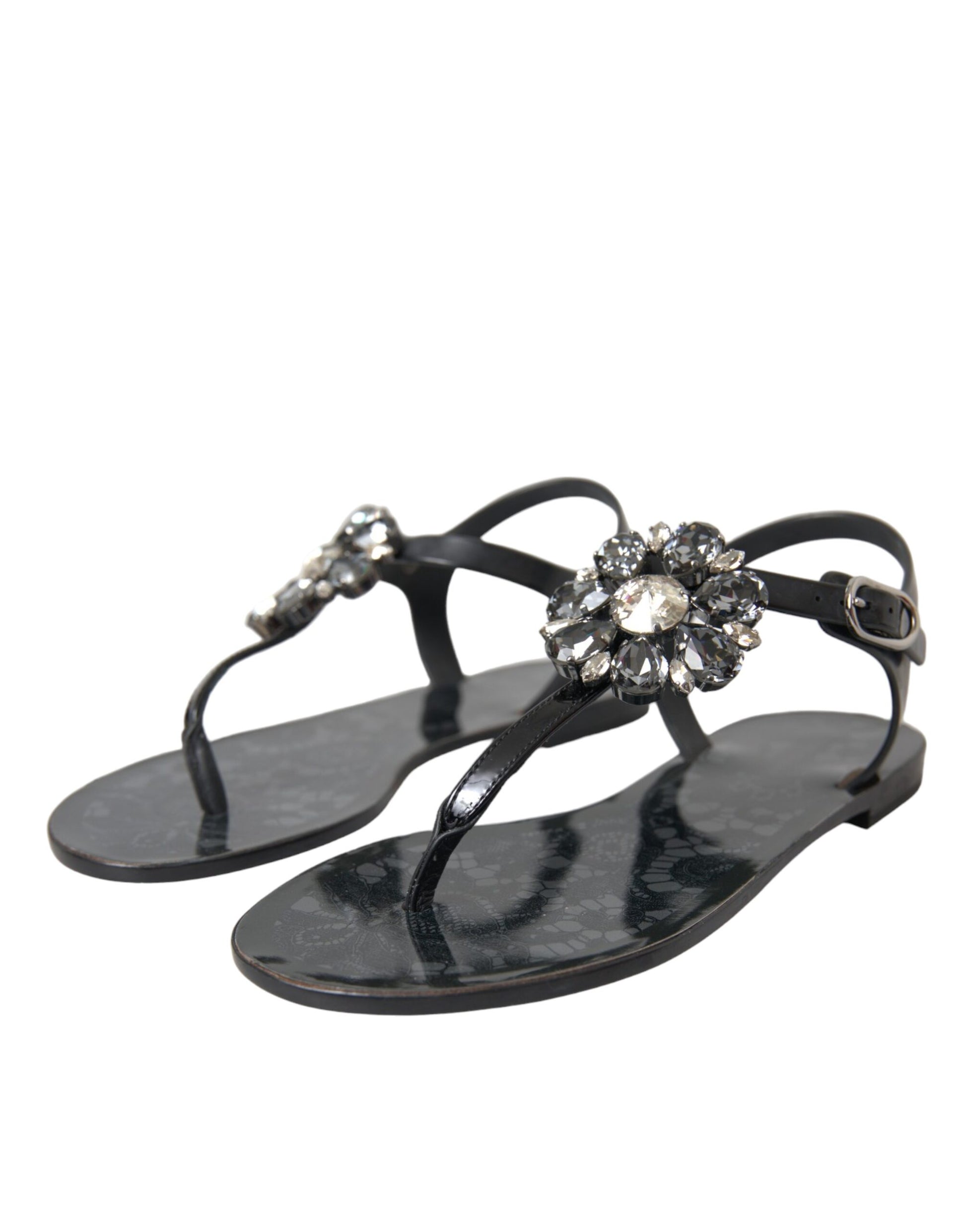 Dolce & Gabbana Sandales à talons plats noires ornées de cristaux