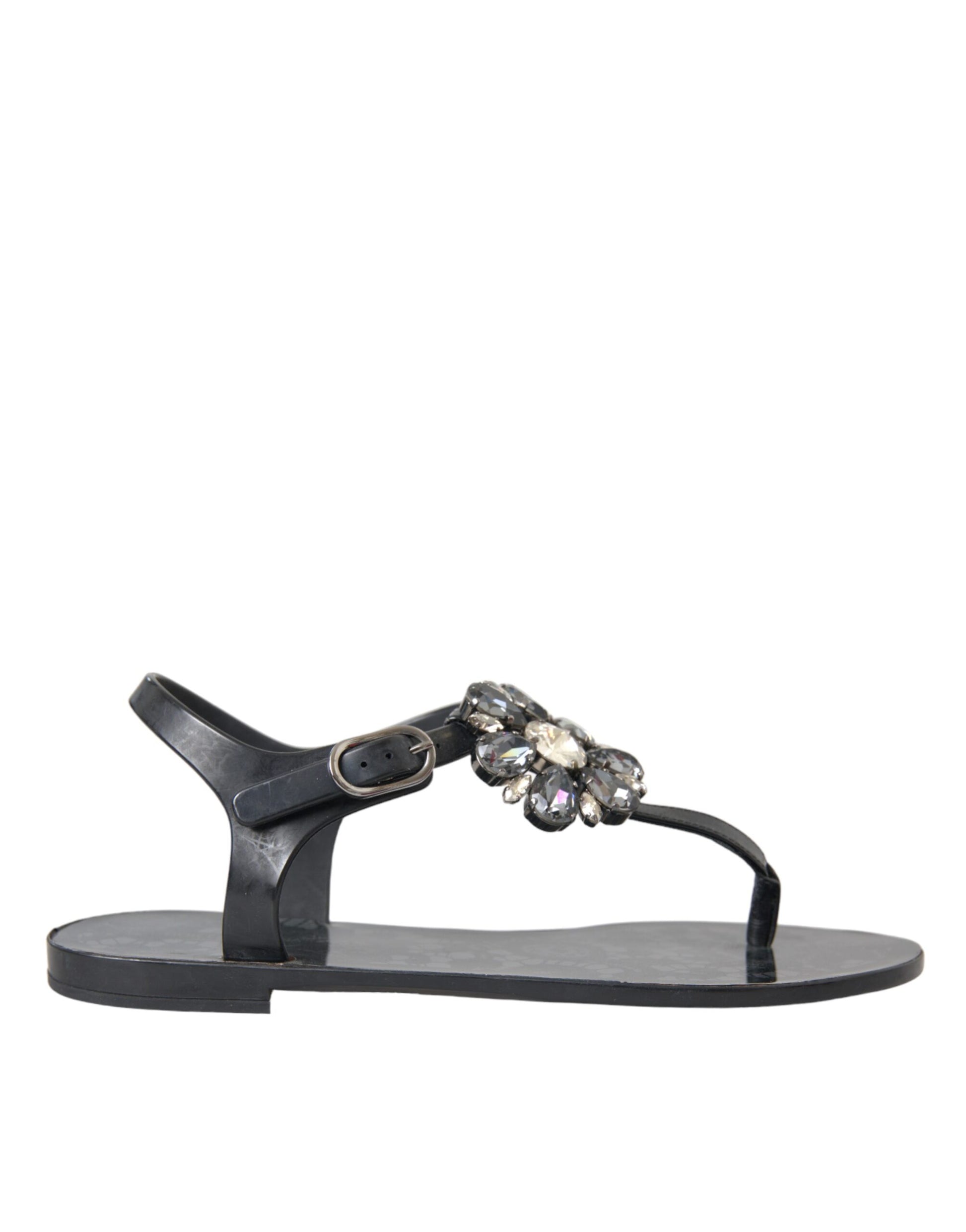 Dolce & Gabbana Sandales à talons plats noires ornées de cristaux