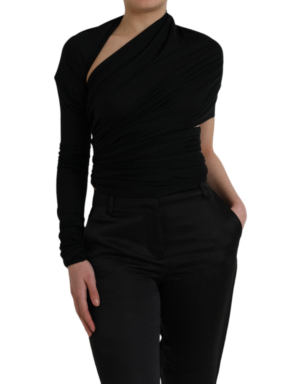 Haut à manches longues asymétrique Dolce & Gabbana en laine noire avec découpes
