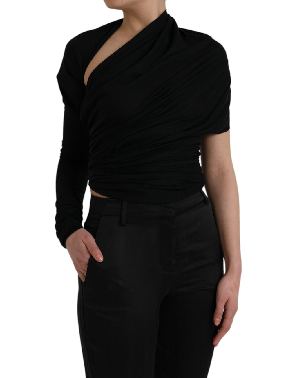 Haut à manches longues asymétrique Dolce & Gabbana en laine noire avec découpes
