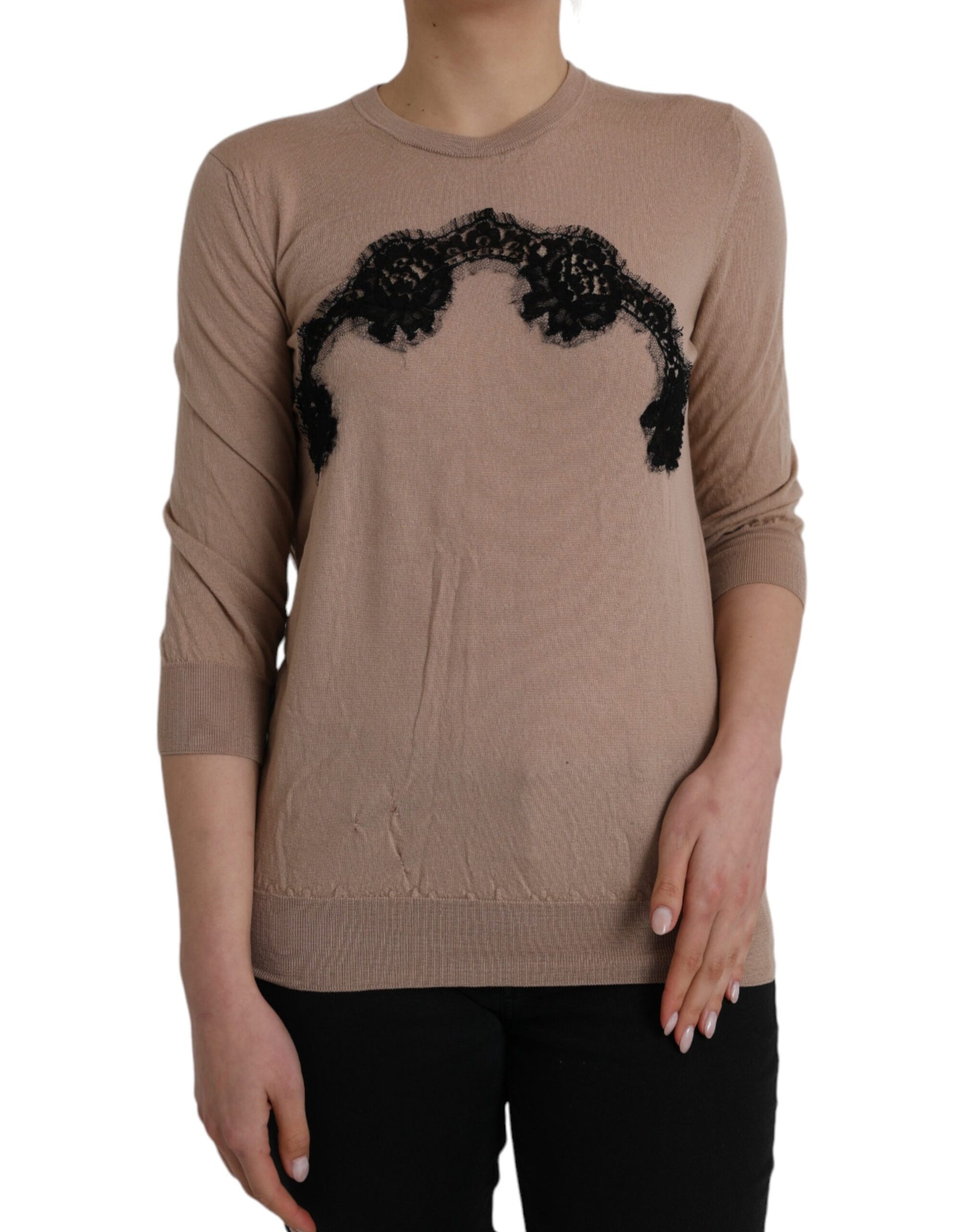 Haut Blouse Manches 3/4 en Laine Marron et Dentelle Noire Dolce & Gabbana
