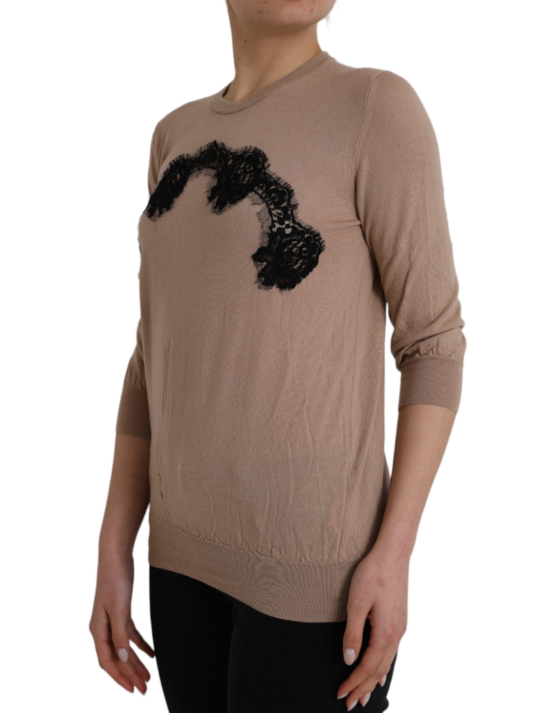 Haut Blouse Manches 3/4 en Laine Marron et Dentelle Noire Dolce & Gabbana