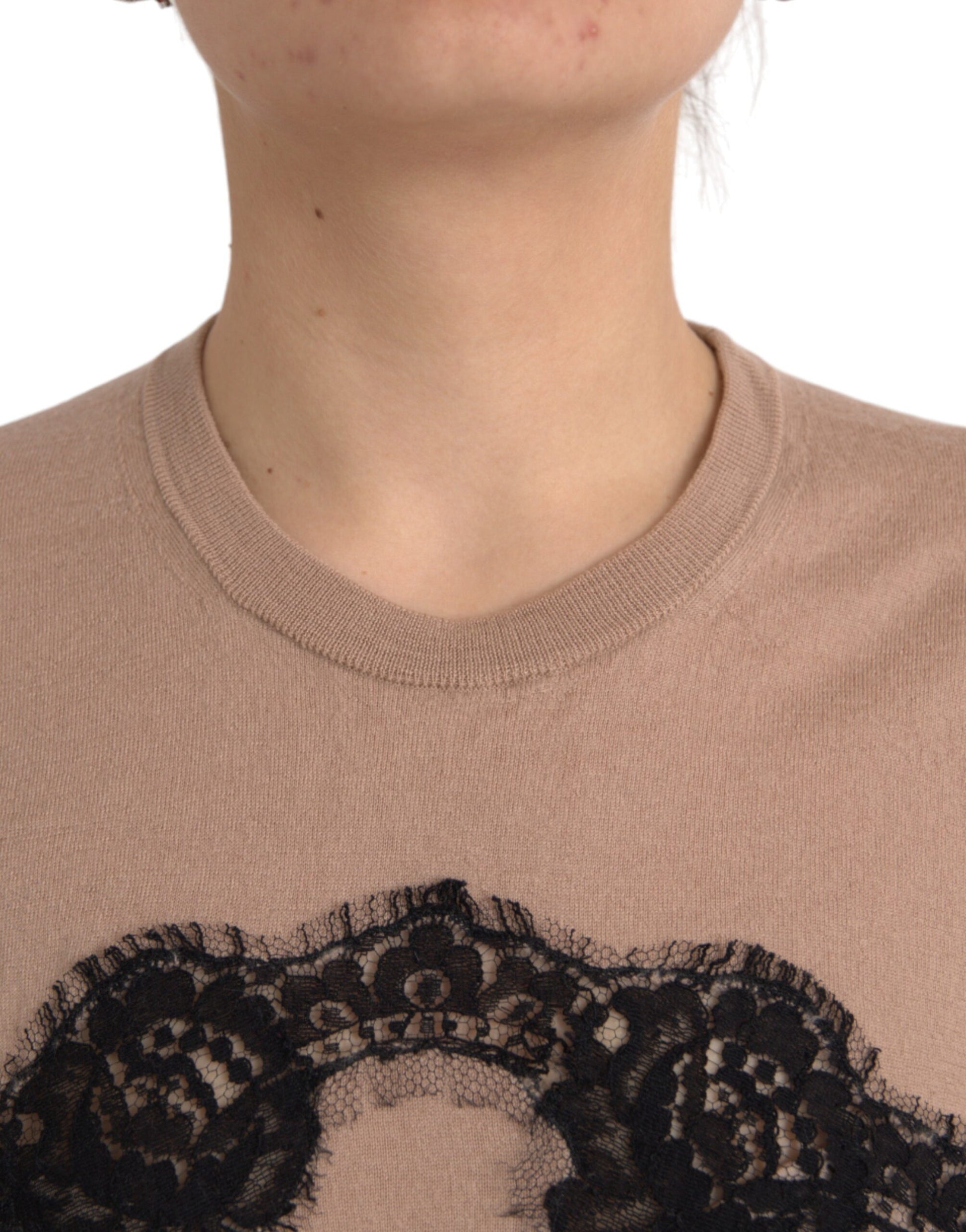 Haut Blouse Manches 3/4 en Laine Marron et Dentelle Noire Dolce & Gabbana