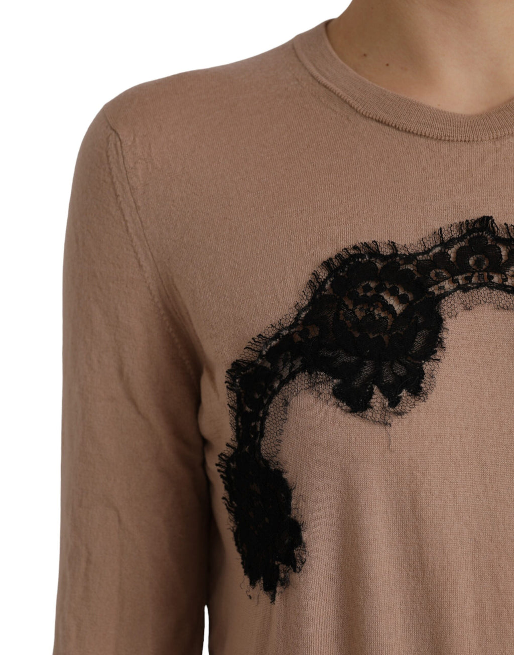 Haut Blouse Manches 3/4 en Laine Marron et Dentelle Noire Dolce & Gabbana
