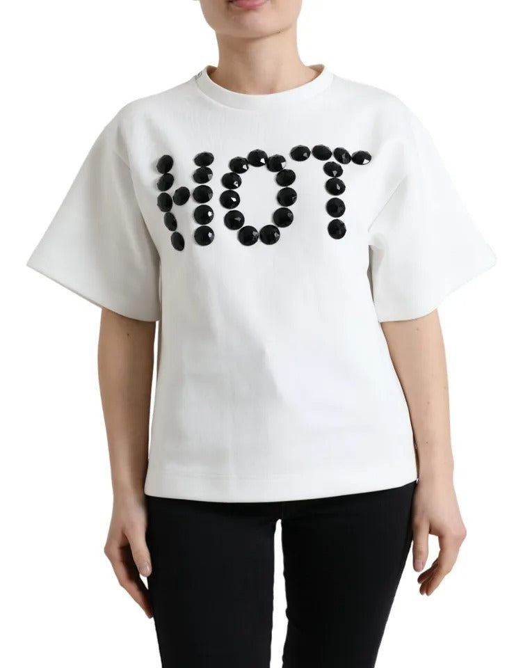 T-shirt Dolce & Gabbana en coton blanc stretch avec cristaux noirs HOT