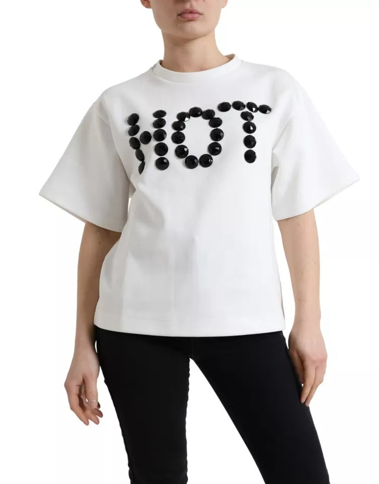 T-shirt Dolce & Gabbana en coton blanc stretch avec cristaux noirs HOT