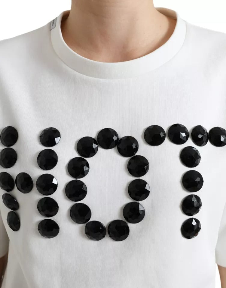T-shirt en coton stretch blanc et cristaux noirs HOT Dolce & Gabbana
