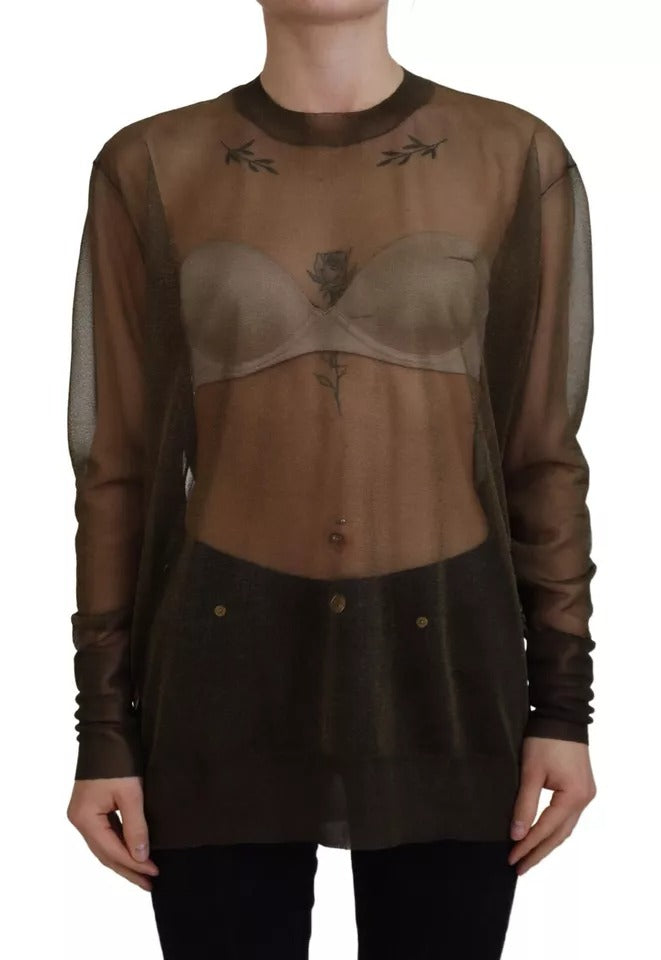 Top Dolce & Gabbana noir transparent à col rond et manches longues